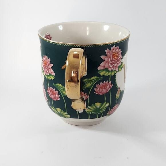 Anthropologie Lou Rota Monogram Mug “W” Green Floral Lotus Design w/ Gold Handle - Picture 4 of 8